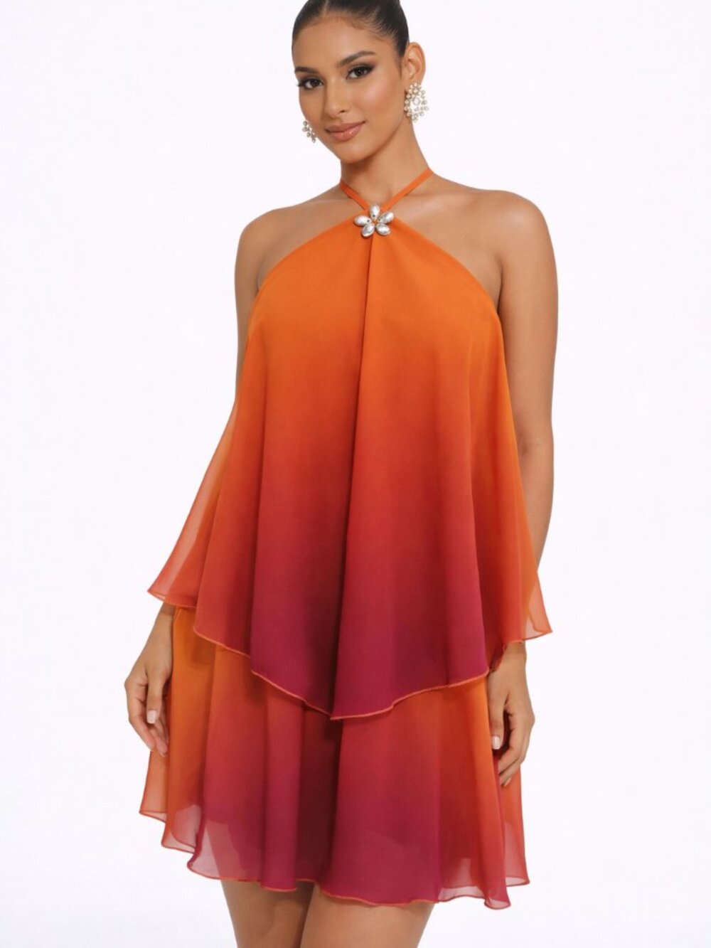 Ombre Halter Neck Layered Chiffon Mini Dress